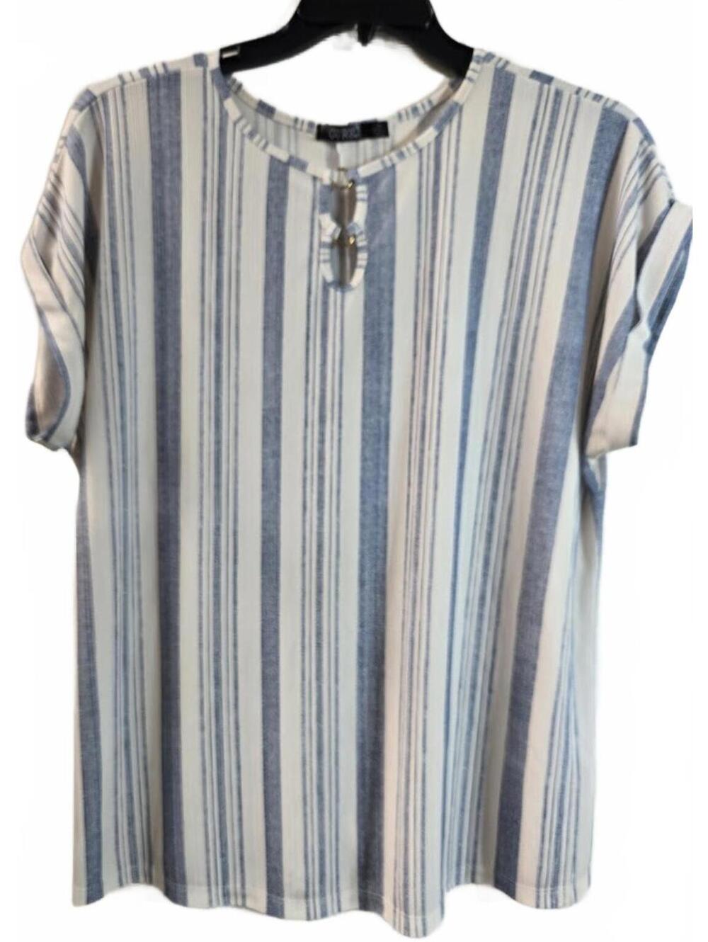 Cure Striped Short Sleeve Knit Top in Blue and Cream Size 1XL